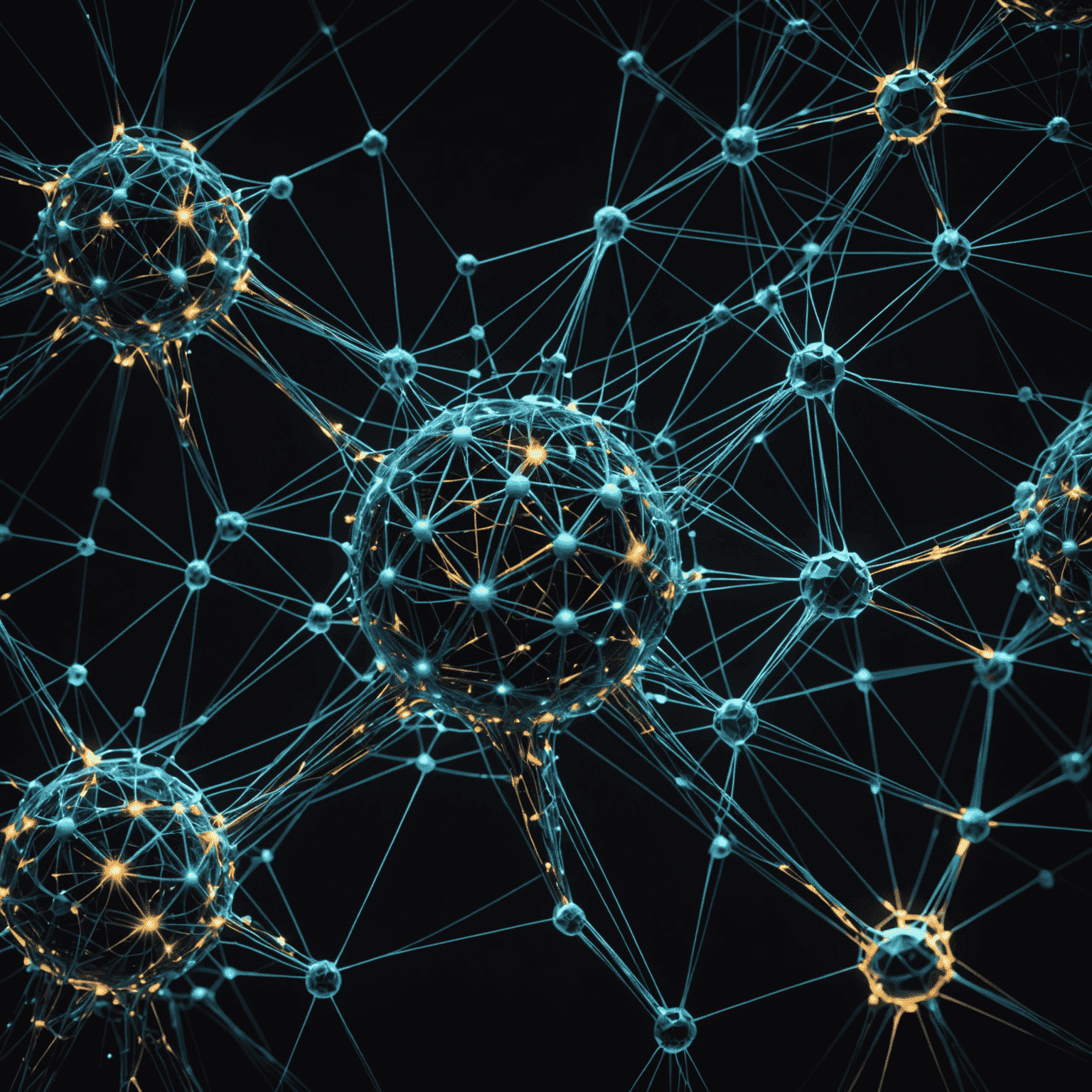 Obraz przedstawiający zaawansowane algorytmy AI i sieci neuronowe wizualizowane jako świecące, połączone węzły na ciemnym tle