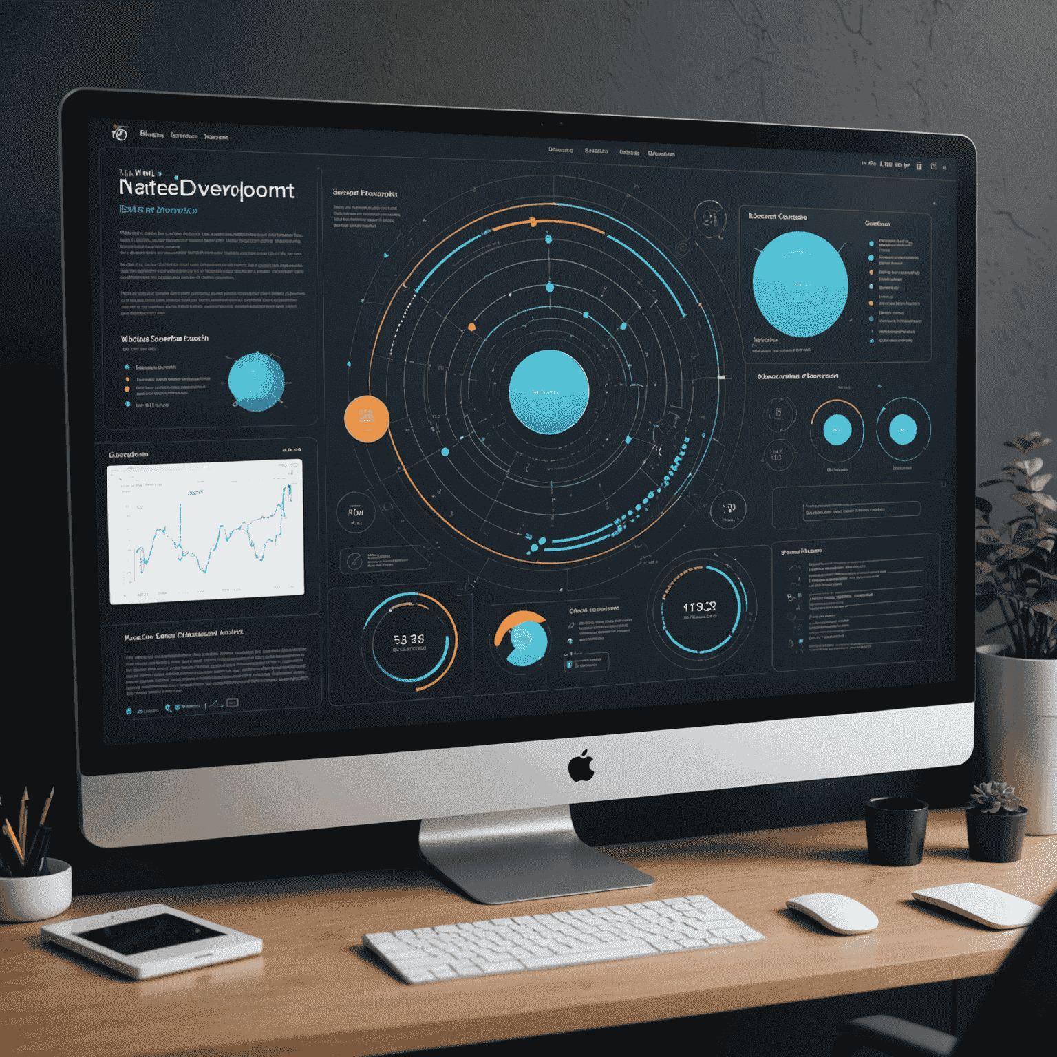 Interaktywna wizualizacja kursu web developmentu pokazująca różne etapy nauki, od podstaw HTML do zaawansowanych frameworków, z futurystycznym interfejsem i elementami kodu