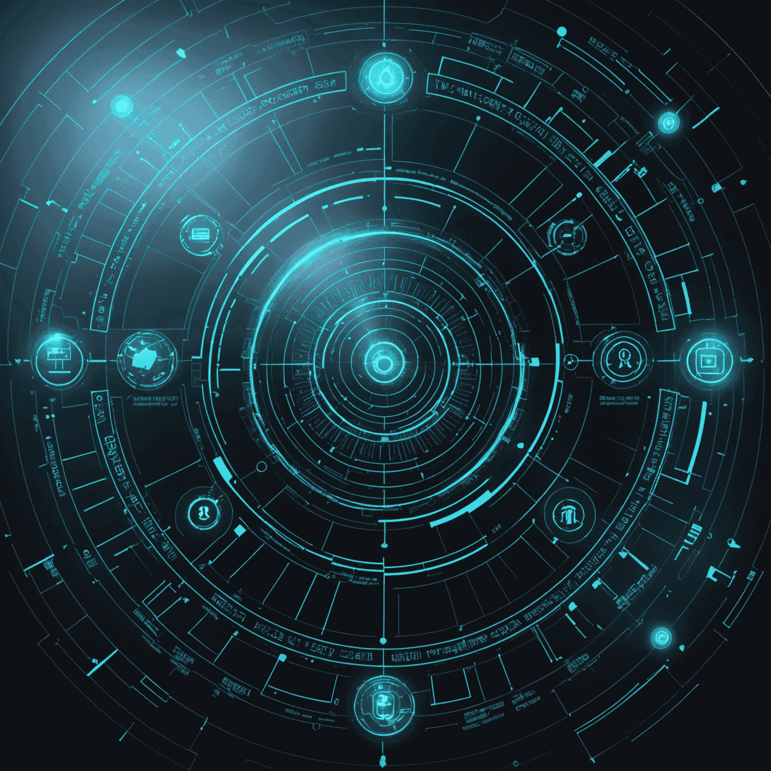 Obraz przedstawiający futurystyczny interfejs ochrony cybernetycznej z wykresami, kodami i symbolami bezpieczeństwa